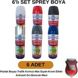 Asmaco Akrilik Sprey Boya 400 ml Setler- Metal, Ahşap, Plastik, Seramik, Cam, Oto Yüzeylere Uygun Renkler - 6 Adet