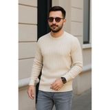 Asmedo Erkek Bisiklet Yaka Triko Kazak Pamuklu Kalın Fitilli Dokuma Regular Fit - Bej - XL