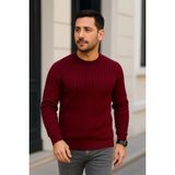 Asmedo Erkek Bisiklet Yaka Triko Kazak Pamuklu Kalın Fitilli Dokuma Regular Fit - Bordo - 2XL
