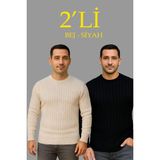 Asmedo Erkek Fitilli Triko Kazak 2’li Set Bej Beyaz Kalın Dokuma Pamuklu Regular Fit Bisiklet - Çok Renkli