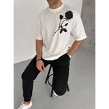 Asmedo Erkek Kısa Kol Tişört Bisiklet Yaka Gül Baskılı Oversize T-Shirt - Beyaz - XL