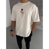 Asmedo Erkek Kısa Kol Tişört Bisiklet Yaka Gül Baskılı Oversize T-Shirt - Beyaz