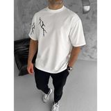 Asmedo Erkek Kısa Kol Tişört Bisiklet Yaka Yıldırım Baskılı Oversize T-Shirt - Beyaz