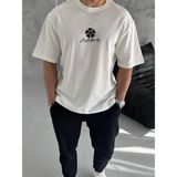 Asmedo Erkek Kısa Kol Tişört Bisiklet Yaka Yonca Baskılı Oversize T-Shirt - Beyaz