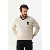 Asmedo Erkek V Yaka Kazak Baskılı Dokuma Triko - Bej - Bordo - 2XL