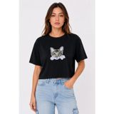 Asmedo Kadın Kedi Baskılı Oversize Crop Tişört Salaş Basic Yarım Kol T-shirt - Siyah