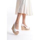 Asmi Shoes Kadın 11 cm Platformlu Dolgu Topuklu Ayakkabı Beyaz Suni Deri Slip-on Tasarım