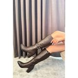 Asmi Shoes Kadın Diz Altı Çizme Kahverengi Suni Deri Kalın Topuklu Şık Tasarım