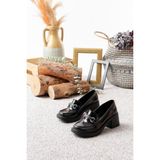 Asmi Shoes Kadın Nida Toka Detaylı 6 Cm Topuklu Loafer Ayakkabı Siyah Rugan
