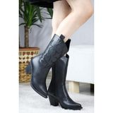 Asmi Shoes Kadın Siyah Cilt Kovboy 7 cm Topuklu Fermuarlı Çizme siyah