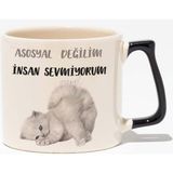 Asosyal Değilim Insan Sevmiyorum Kedi Hediyelik Eğlenceli Baskılı Siyah Kulplu Modern Seramik Kupa