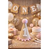 asöy 1 Yaş Şapka Jüt Kumaş Pembe PonPonlu Şapka Doğum Günü Şapkası One Ponponlu Çuval Kumaşlı