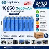 Aspilsan 18650 2600MAH 3.7V Li-Ion Şarjlı Pil 24'lü Paket | INR18650A28 Orijinal Lityum Iyon Batarya | E-Bisiklet, Scooter, Ups, Solar ve Powerbank Için - Mavi - 1 Adet