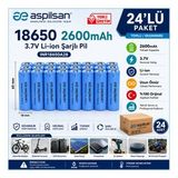 Aspilsan 18650 2600Mah 3.7V Li-İon Şarjlı Pil 24'Lü Paket | Inr18650a28 Orijinal Lityum İyon Batarya | E-Bisiklet, Scooter, Ups, Solar Ve Powerbank İçin