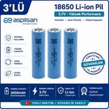 Aspilsan 18650 2600MAH 3.7V Li-Ion Şarjlı Pil 3'lü Paket | Orijinal INR18650A28 Lityum Iyon Batarya | Yerli Üretim - Mavi - 1 Adet