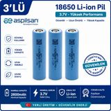 Aspilsan 18650 2600Mah 3.7V Li-İon Şarjlı Pil 3'Lü Paket | Orijinal Inr18650a28 Lityum İyon Batarya | Yerli Üretim