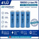 Aspilsan 18650 2600MAH 3.7V Li-Ion Şarjlı Pil 4'lü Paket | INR18650A28 Orijinal Lityum Iyon Batarya | Yerli Üretim - Mavi - 1 Adet