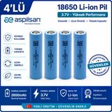 Aspilsan 18650 2600Mah 3.7V Li-İon Şarjlı Pil 4'Lü Paket | Inr18650a28 Orijinal Lityum İyon Batarya | Yerli Üretim