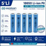 Aspilsan 18650 2600Mah 3.7V Li-İon Şarjlı Pil 5'Li Paket | Inr18650a28 Orijinal Lityum İyon Batarya | Yerli Üretim