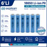 Aspilsan 18650 2600mAh 3.7V Li-ion Şarjlı Pil 6'lı Paket | INR18650A28 Orijinal 18650 Batarya | Yerli Üretim Lityum İyon