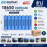 Aspilsan 18650 2600MAH 3.7V Li-Ion Şarjlı Pil 8'li Paket | INR18650A28 Orijinal Lityum Iyon Batarya | Yerli Üretim - Mavi - 1 Adet