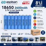 Aspilsan 18650 2600Mah 3.7V Li-İon Şarjlı Pil 8'Li Paket | Inr18650a28 Orijinal Lityum İyon Batarya | Yerli Üretim