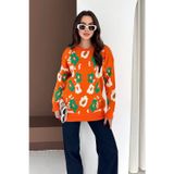 Asprin Fashion Bisiklet Yaka Uzun Kollu Çiçek Desenli Oversize Triko Kazak Turuncu