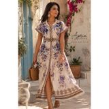 AsprinFashion Kadın Dijital Baskılı Keten Görünümlü Kemerli Uzun Elbise