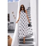 AsprinFashion Kadın İthal Beyaz Puantiyeli Maxi Elbise Piliseli Şifon Abiye Elbise