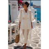 AsprinFashion Kadın İthal Dantel Pareo Kimono Plaj Elbisesi Ekru Bohem Yazlık Kaftan