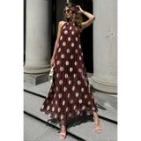 AsprinFashion Kadın İthal Kahve Puantiyeli Maxi Elbise Piliseli Şifon Abiye Elbise