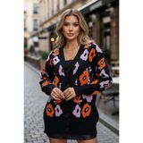 AsprinFashion Uzun Kollu Çiçek Desenli Triko Hırka Siyah