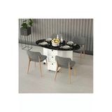 Asra Trend Mdf Oval Katlanır Mutfak Yemek Çalışma Masası - 3 Çekmeceli, Beyaz-Royal Mermer, Km-07