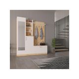 ASRA TREND V-03 Portmanto 180 cm – Aynalı ve Raflı Vestiyer, Beyaz & Safir Meşe,%100 MDFLAM, Askılı ve Ayakkabılıklı Antre Dolabı