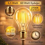 Asseds Store 6,5W LED Filament Ampul E27 | 60W Eşdeğer | 2700K Sarı Işık | 810 Lümen | 2’li Paket | Enerji Sınıfı E - 1 - 10 W - Amber
