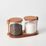 Asseds Store Akasya Standlı Kapaklı Kaşıklı 2'li Cam Baharat ve Tuzluk Seti | Hava Geçirmez Doğal Ahşap Kapaklı Baharatlık | Modern Masaüstü Tuzluk Biberlik Seti | Kahve, Şeker, Bitki Kavanozu - 0 Siyah - Option-1