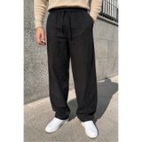 assef Erkek Mevsimlik Keten Siyah Pantolon Baggy Bol Kesim Beli Lastikli ve Kordonlu