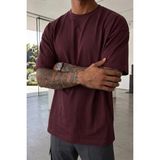 assef Erkek Oversize Genis Kesim %100 Pamuk Kalın Dokulu Basic Bisiklet Yaka bordo Tisört