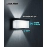 Assos Aplik Radar Sensörlü Dış Mekan Duvar Armatürü 6500k Beyaz Işık 220v Siyah