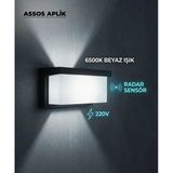 Assos Aplik Radar Sensörlü Dış Mekan Duvar Armatürü | 6500K Beyaz Işık | 220V