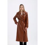 Astarlı Beli Kuşaklı Apoletli Suni Deri Trençkot Pardüsü - 46 - Taba
