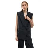 Astarlı Cepli Kruvaze Düğmeli Kolsuz Uzun Blazer Yelek