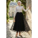 Astarlı Kemerli Çiçek Desenli Tül Etek Siyah HM2877