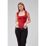 Astarlı Sıfır Kol Kare Yaka Dekolteli Çıtçıtlı Bodysuit - Kırmızı