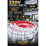 Astec Yapışkanlı 1 Metre Beyaz 220V Silikonlu Şerit Led Yüksek Güç Tak Çalıştır İç Dış Mekân Su Geçirmez Beyaz