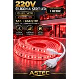 ASTEC Yapışkanlı 1 Metre Kırmızı 220V Silikonlu Şerit LED Yüksek Güç Tak Çalıştır İç Dış Mekân Su Geçirmez