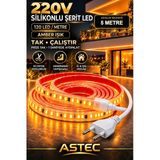 Astec Yapışkanlı 100 Metre Amber 220V Silikonlu Şerit Led Yüksek Güç Tak Çalıştır İç Dış Mekân Su Geçirmez Amber