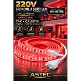 Astec Yapışkanlı 100 Metre Kırmızı 220V Silikonlu Şerit Led Yüksek Güç Tak Çalıştır İç Dış Mekân Su Geçirmez Kırmızı