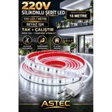 Astec Yapışkanlı 15 Metre Beyaz 220V Silikonlu Şerit Led Yüksek Güç Tak Çalıştır İç Dış Mekân Su Geçirmez Beyaz