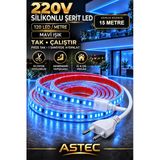 Astec Yapışkanlı 15 Metre Mavi 220V Silikonlu Şerit Led Yüksek Güç Tak Çalıştır İç Dış Mekân Su Geçirmez Mavi